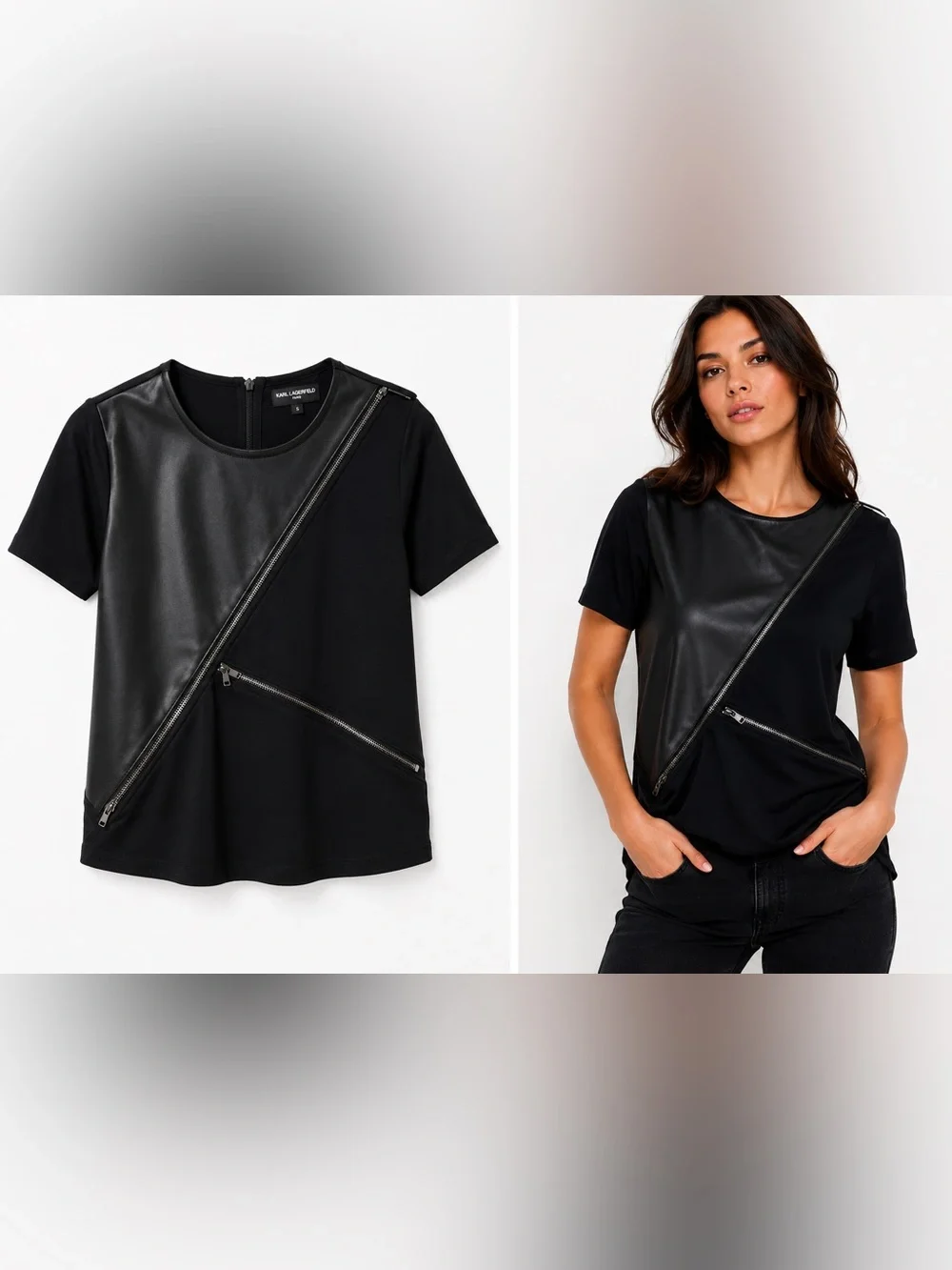 Karl Lagerfeld Paris Black Faux Leather Asymmetrical Zip Top Small